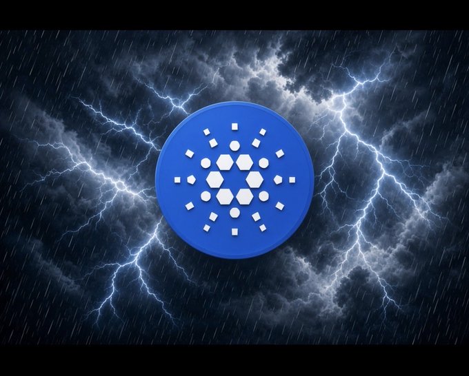 A blue circular logo with white geometric shapes sits against a dark, stormy background filled with lightning bolts and rain.