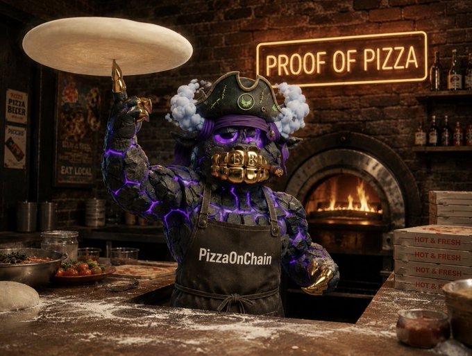 A muscular, pirate-like rock creature wearing a "PizzaOnChain" apron expertly spins pizza dough in a rustic pizzeria beneath a glowing "PROOF OF PIZZA" neon sign, with a wood-fired oven burning in the background. The scene playfully fuses crypto culture with pizza-making, perfectly matching the "Pizza Fridays" theme.