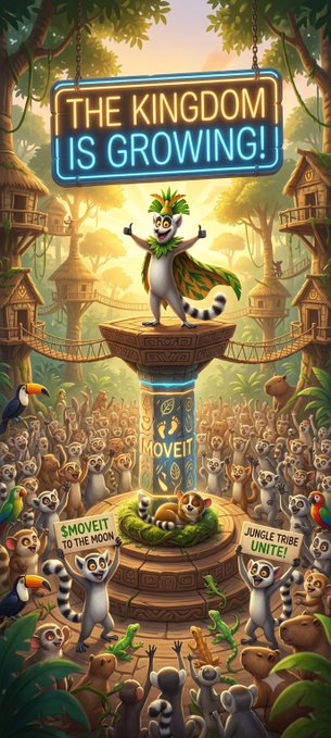 An AI-generated meme depicting a lemur king on a pedestal surrounded by adoring lemur subjects, with a neon sign reading "THE KINGDOM IS GROWING!" and banners saying "SMOVEIT TO THE MOON" and "JUNGLE TRIBE UNITE!".