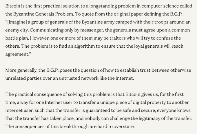 A text excerpt explaining the Byzantine Generals Problem and how Bitcoin solves it as the first practical solution, allowing secure transfer of digital property over an untrusted network like the Internet.