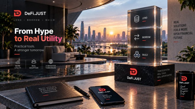 A promotional banner for 'DeFi.JUST' with the tagline 'From Hype to Real Utility' and features 'LEND, BORROW, BUILD', showing products against a city skyline at sunset.