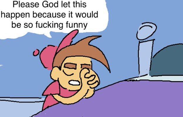 A cartoon character with red hair lies on a beach, pinching their nose in disgust, with a speech bubble reading "Please God let this happen because it would be so fucking funny." The image relates to the "fry this shit" post, where the character is humorously pleading for an embarrassing or absurd outcome to occur.