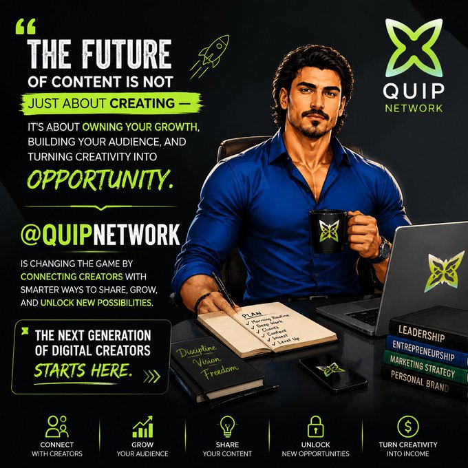 A promotional graphic for QUIP NETWORK featuring an illustrated man at a desk with text about creators, including phrases like 'THE FUTURE OF CONTENT IS NOT JUST ABOUT CREATING' and 'CONNECT WITH CREATORS, GROW YOUR AUDIENCE.'