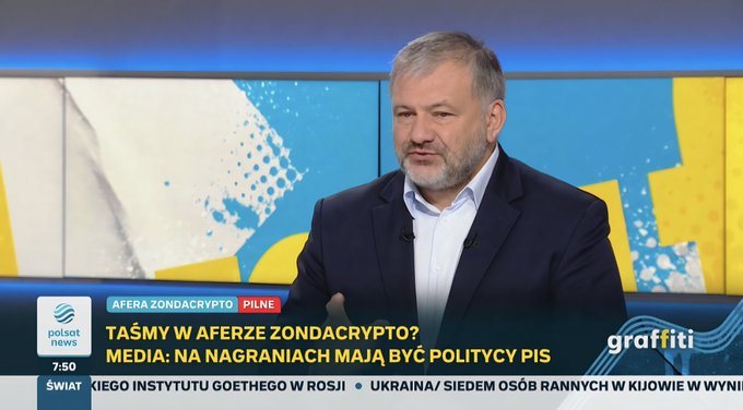 A middle-aged man with gray hair and beard, wearing a dark suit jacket and white shirt, appears on a Polsat News broadcast at 7:50, with an on-screen chyron reading "AFERA ZONDACRYPTO - PILNE" and "TAŚMY W aferze zondacrypto? Media: Na nagraniach mają być politycy PiS," relating to the post's discussion of recordings in the ZondaCrypto affair involving PiS politicians, as confirmed by @w_zurek to @marcinfijolek on Graffiti Pieniądze.