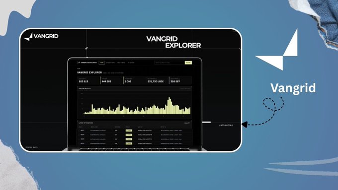 A promotional graphic for "VANGRID EXPLORER" shows a tablet and smartphone displaying a financial dashboard with charts, alongside the Vangrid logo on a blue background.