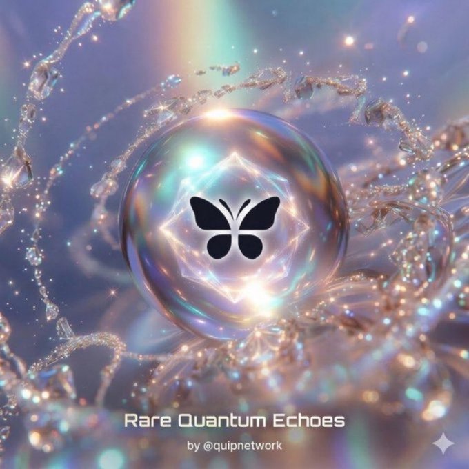 The image features a beautiful purple background with white stars scattered throughout, surrounded by a multitude of glittery particles that create a sense of depth and movement. In the center of this captivating scene, there's a shiny, glowing ball containing a unique butterfly design or wing shape. The title " Rare Quantum Echoes" is prominently displayed in large, white letters at the bottom of the image. A watermark reading "@quipnetwork nft would be a good one my reasons are; low supply of NFTs (more demand) > unique quantum structure > current positive sentiment in our space ... their careful whitelist selection system". This title effectively links the image to the post, providing further context and information about the content.