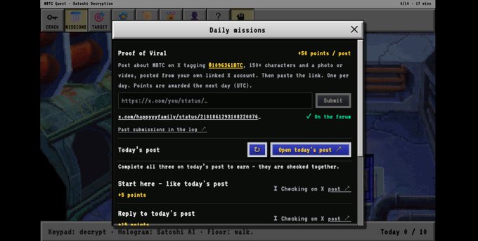 A screenshot of a daily missions panel for a game called HBTC Quest, featuring tasks like posting on X and awarding points.
