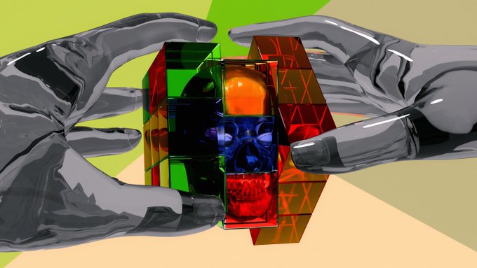 A digital illustration shows two grey-gloved hands manipulating a transparent, multi-colored geometric structure revealing a purple skull and an orange sphere inside.