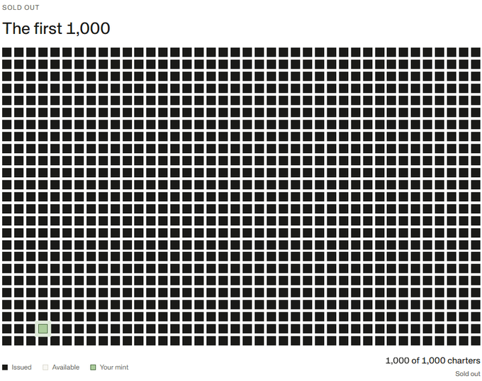 A "SOLD OUT" notification for "The first 1,000" NFT collection shows a grid of 1,000 charters fully issued, with the user's mint highlighted as a small green square in the bottom-left corner. The caption humorously reflects the buyer's realization of their commitment to a complex project whose whitepaper they admittedly struggled to read.