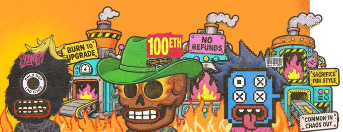 A colorful pixel-art illustration featuring a skull in a green 'Floor Patrol' hat surrounded by burning factories with signs reading 'BURN TO UPGRADE', 'NO REFUNDS', and 'SACRIFICE FOR STYLE'.