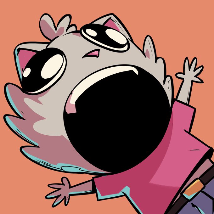 A cartoon gray cat-like character with large black eyes and an exaggerated wide-open mouth, wearing a pink shirt against a peach background.