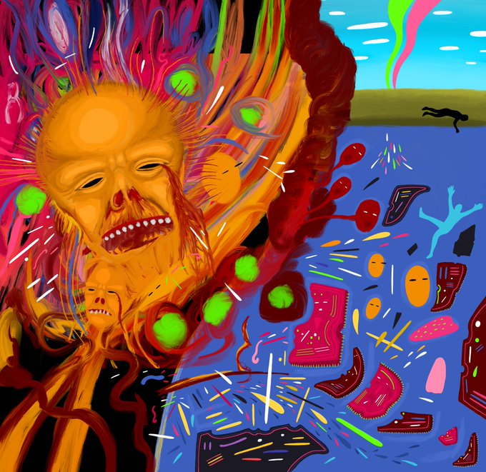 A vibrant, abstract digital painting featuring distorted yellow faces, splashes of red, green dots, and colorful shapes against blue and black backgrounds.