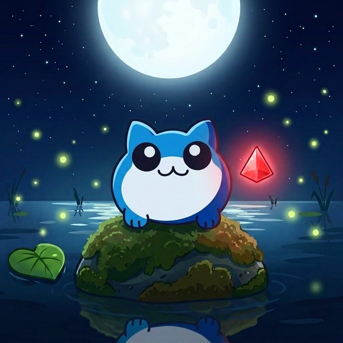 A cartoon illustration of a cute blue and white cat-like creature sitting on a mossy rock in water under a full moon, accompanied by a glowing red diamond.