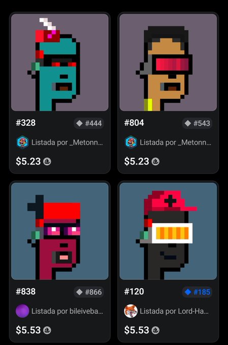 A grid of four pixel-art NFT characters from the NeoPunks collection on OpenSea, featuring items priced at $5.23 and $5.53, with serial numbers #328, #804, #838, and #120, listed by users _Metonnn and bileiveba or Lord-Ha.