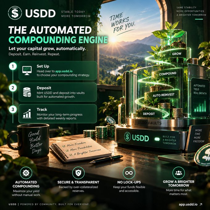 This image is a promotional infographic for USDD, marketed as "The Automated Compounding Engine" with the tagline "Time Works For You" and "Stable Today, More Tomorrow." It outlines a three-step process—Set Up (at app.usdd.io), Deposit, and Track—with features including automated compounding, secure and transparent reserves, no lock-ups, and "grow a brighter tomorrow," depicting a glowing USDD vault machine alongside a coffee mug and notebook.

The image does not relate to the accompanying post about SunSwap and TRON; instead, it promotes an unrelated stablecoin compounding product, representing a mismatch between the caption's mention of fast, low-fee swaps on SunSwap and the image's focus on USDD's automated yield vaults.