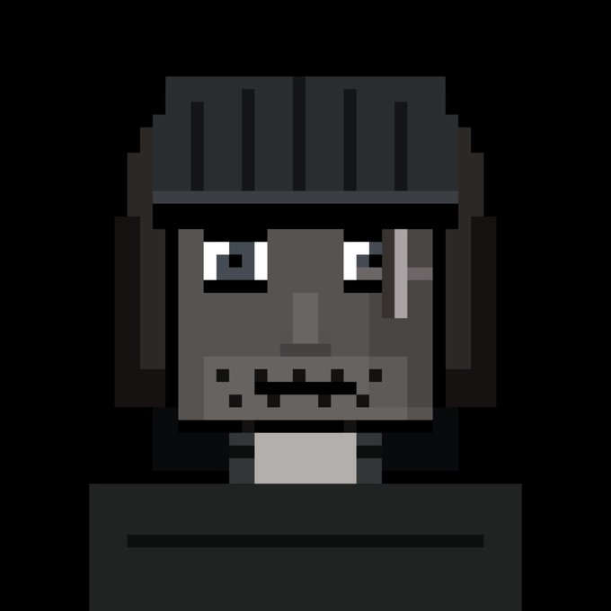 A pixel art portrait of a dark gray character with a flat expression and a white highlight in one eye against a black background.