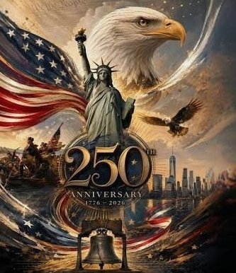 A patriotic illustration featuring the Statue of Liberty, a bald eagle, the American flag, the Liberty Bell, and historical figures with text reading "250th Anniversary 1776-2026," celebrating America's upcoming 250th birthday and the milestone of BIP110 alongside the mining operation's growth to 15 Eh/s, or about 1% of the network.