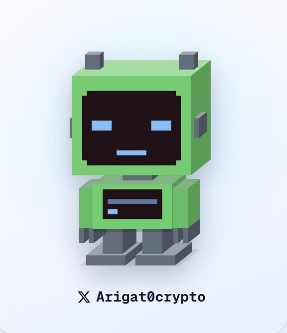 A green cube-style robot graphic appears above the text “X Arigat0crypto.”