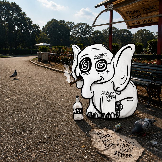 An outdoor park scene featuring a large white cutout sculpture of an elephant-like character with spiral eyes smoking a cigarette, next to a sign reading 'PHUNK TOWNE TOWN WAS HERE' and a stone marker saying 'BUY PHUNK NOT JUNK #PHUNK'.