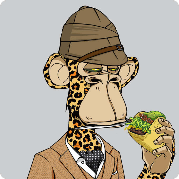 A cartoon leopard wearing a safari hat, tie, and blazer, biting into a taco filled with guacamole.