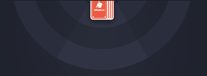 A red logo card labeled "Whale.io" is shown centered above a circular pattern design on a dark gray backdrop, teasing the upcoming reveal of the "Whale.io" platform hinted at in the post.