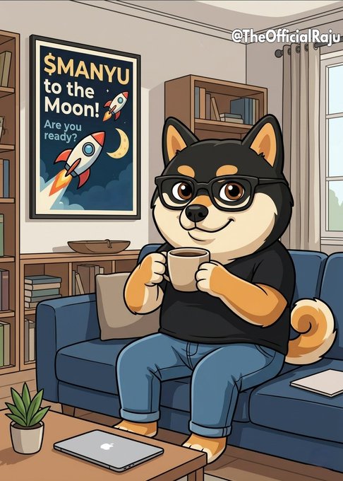 The image features a cartoon dog sitting on a couch with its legs crossed while holding a cup of coffee. The background shows a poster for "MANYU" rocket, which appears to be launching into space or clearing for liftoff. There is also a laptop and a potted plant in the scene.