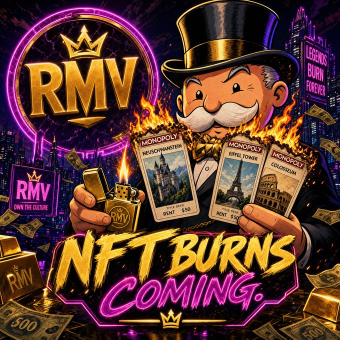 A promotional graphic featuring the Monopoly Man (Mr. Monopoly) holding burning property cards for "Neuschwanstein," "Eiffel Tower," and "Colosseum" in a neon-lit cityscape, with the "RMV" logo and bold text announcing "NFT BURNS COMING," alongside gold bars, dice, and a lighter branded with "RMV."

The image visually teases the upcoming NFT burn feature mentioned in the post, showing iconic Monopoly-style property cards being set ablaze to symbolize the burning mechanics, while the "RMV" branding ties it to the Realitymeta project's Bid2Earn system and upcoming VIP rewards.
