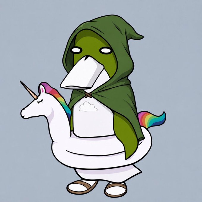 A cartoon illustration of a green-skinned, hooded figure with a white mask riding a white unicorn with a rainbow-colored mane and tail.