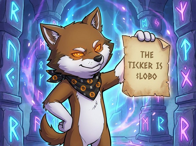 A cartoon dog wearing a bandana, holding a piece of paper with "The ticker is $LOBO @lobothewolfpup" written on it.