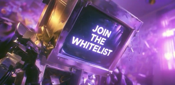 A retro television screen displaying the text 'JOIN THE WHITELIST' against a purple, glitchy background with mechanical elements.