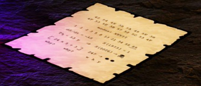 A piece of parchment paper with mathematical equations and Roman numerals lies on a dark, textured surface, illuminated with a pinkish-purple light on the left side.
