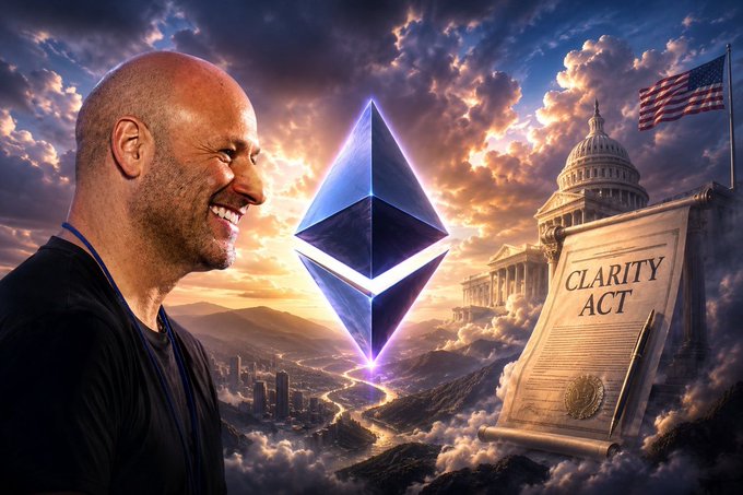 A smiling bald man stands beside a glowing Ethereum logo, with a scroll labeled "CLARITY ACT" and the U.S. Capitol building set against a dramatic sunset sky—visually reinforcing the post's message that the legislation championed by Ethereum co-founder Joseph Lubin extends beyond crypto to potentially reshape AI, decentralized protocols, and the broader global economy.