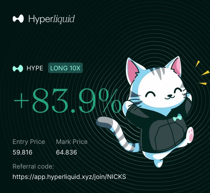 A promotional graphic for Hyperliquid featuring a cartoon cat mascot wearing a hoodie, advertising a HYPE 'LONG 10X' position with a +83.9% gain, entry price of 59.816, mark price of 64.836, and a referral link https://app.hyperliquid.xyz/join/NICKS.