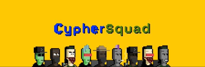 The image displays the pixel art logo for "CypherSquad," featuring the brand name above a row of nine distinct hacker-like characters against a bright yellow background. This relates to the post promoting a giveaway of GTD (guaranteed) spots for a free mint of 6,000 pixel art hacker NFTs on the Zcash blockchain, requiring users to follow the project and submit a shielded address.