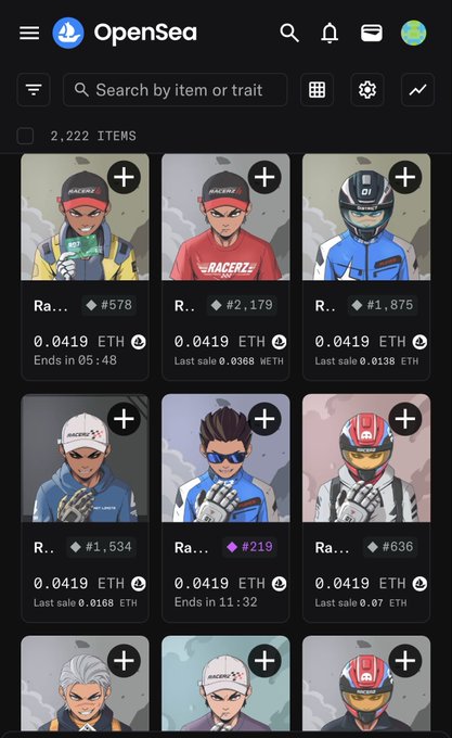 A mobile screenshot of the OpenSea NFT marketplace showing a grid of racing-themed avatar NFTs listed at 0.0419 ETH each.