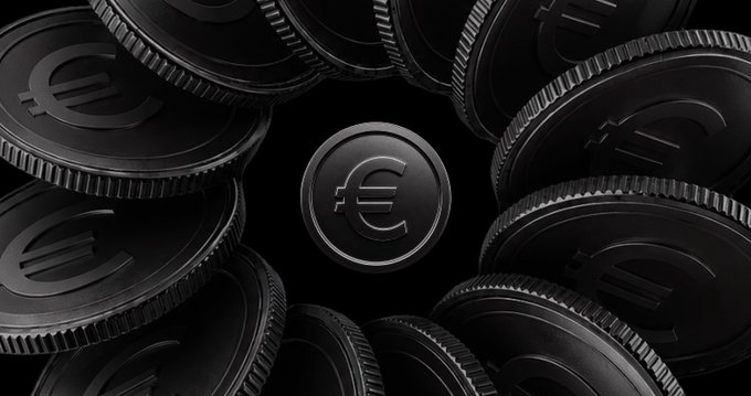 A black euro (€) coin centered among a circle of similar coins, visually reinforcing the post's promotion of OKX's euro-denominated deposit reward program offering 8% interest on €10+ deposits for European users.
