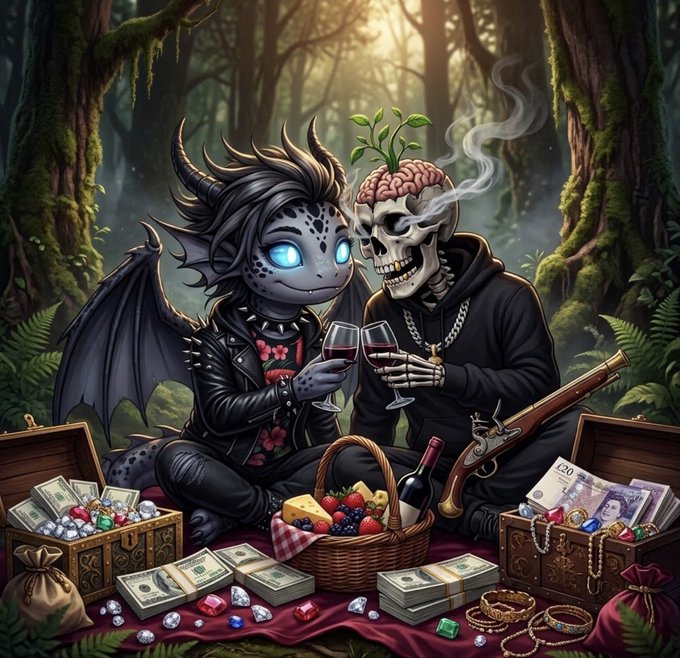 A fantasy illustration depicts a dragon-like creature with glowing blue eyes and a skeleton in a hoodie clinking wine glasses during a picnic, surrounded by treasure chests of money and gems.