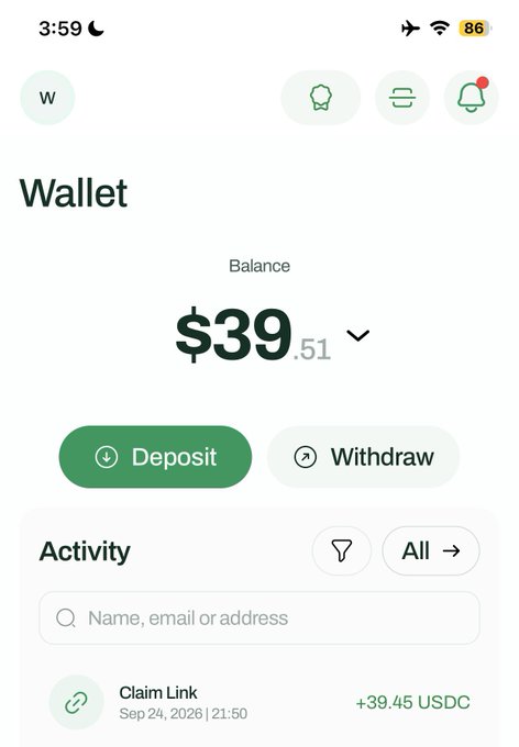 A screenshot of a mobile wallet app displaying a balance of $39.51 and an 'Activity' feed showing a recent 'Claim Link' deposit of +39.45 USDC.