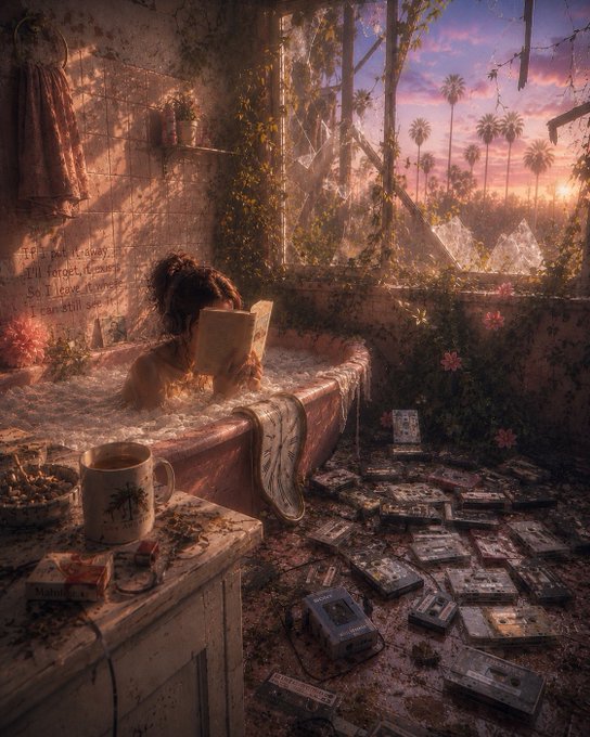 A girl with a paper bag over her head sits in an overflowing bathtub in an abandoned room filled with scattered cassettes, with a sunset view of palm trees visible through a large broken window.