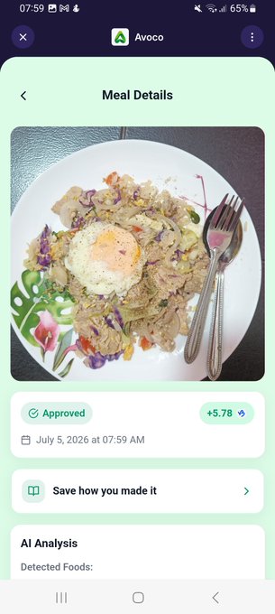 Avoco app screenshot showing a Meal Details page with an "Approved" status, +5.78 reward, and a date of July 5, 2026 at 07:59 AM, alongside a photo of a plated meal with a fried egg, meat, and microgreens. The image illustrates the crypto reward earned for logging a healthy meal, matching the post about earning 5.78 B3TR tokens through Avoco.