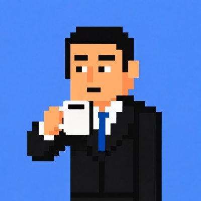 A pixel art image of a man in a black suit and blue tie drinking from a white mug against a blue background.