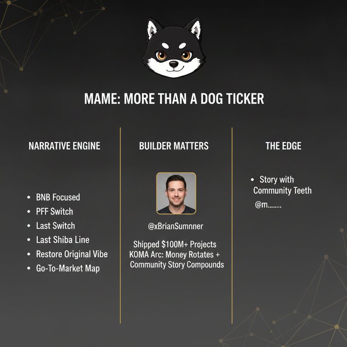 The image features a black and white dog face with a caption that reads "MAME: More than a Dog ticker" followed by a list of bullet points about the creator, their narrative engine, and the projects they have completed. The main focus is on the name MAME and how it relates to the post.