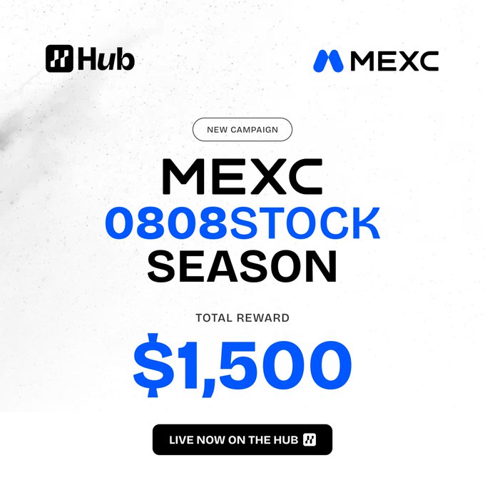 The image is a promotional banner for the "MEXC 0808STOCK SEASON" new campaign, featuring a total reward of $1,500, with logos for Hub and MEXC displayed at the top and a "LIVE NOW ON THE HUB" call-to-action button at the bottom, announcing the winners of the 0808 Teaser campaign.