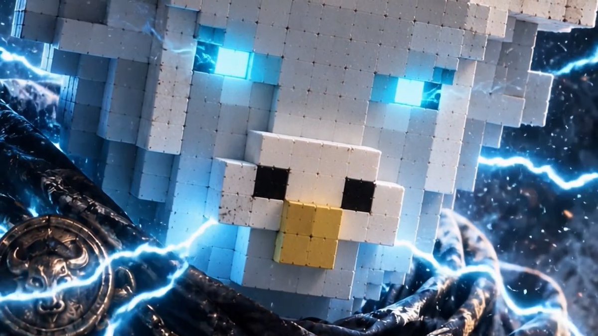A pixelated, voxel-style owl or bird face with glowing blue eyes and beak, surrounded by blue lightning effects and a metallic bull medallion.