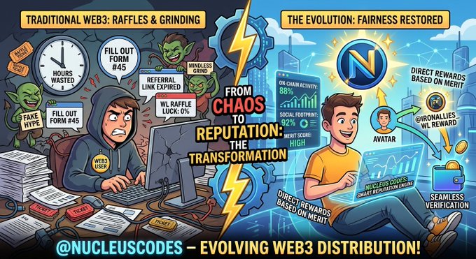 A colorful promotional graphic titled 'FROM CHAOS TO REPUTATION: THE TRANSFORMATION' by @NUCLEUSCODES, contrasting traditional Web3 raffles with their new merit-based system.