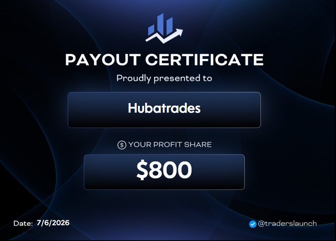 A 'PAYOUT CERTIFICATE' proudly presented to 'Hubatrades' with a profit share of $800, dated 7/6/2026, branded with @traderslaunch.
