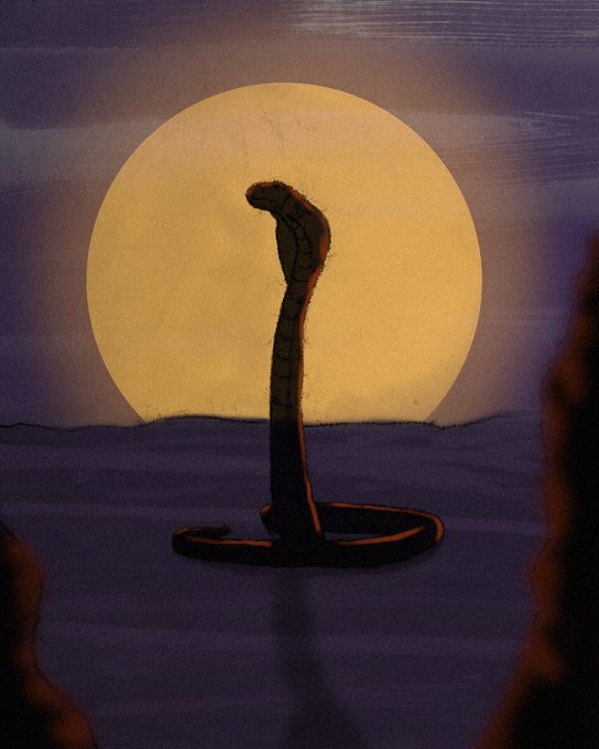 A digital painting depicts a silhouetted cobra rising with its hood spread against a large, glowing yellow moon in a dark, moody landscape.
