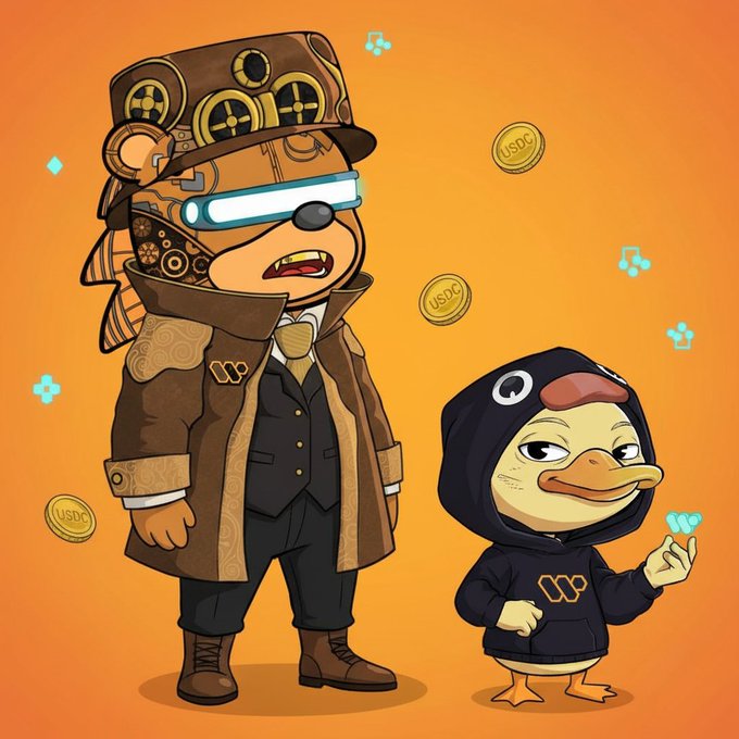 The image features two cartoon characters, one dressed as a bear wearing a hat with gears and another dressed as a duck wearing a hoodie. The bear character has a serious expression while standing next to the duck character who appears to be smiling. The background of the image is orange, which contrasts with the brown color of the bear's outfit. There are also gold coins scattered around the scene, adding to the overall visual appeal and artistic style of the illustration.