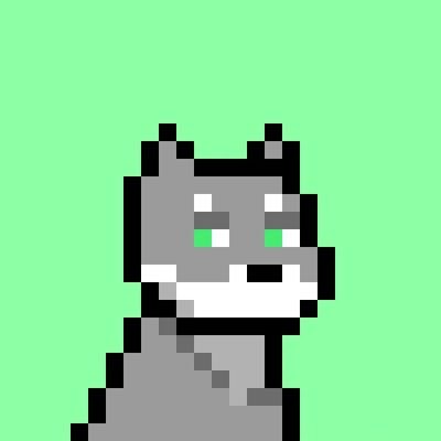 A pixel art illustration of a gray wolf or dog head with green eyes against a solid green background.