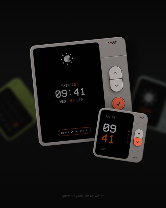 A 3D render of a minimalist, retro-style device displaying the time, date, and weather, credited to @tweetybokki on X/Twitter.